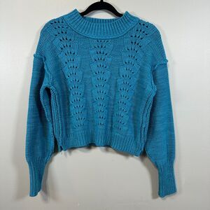 Free People Bell Song Pullover Sweater Size Medium Blue Knit Crewneck